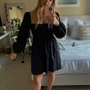Reformation Michaela Black Smocked Mini Long Sleeve Dress